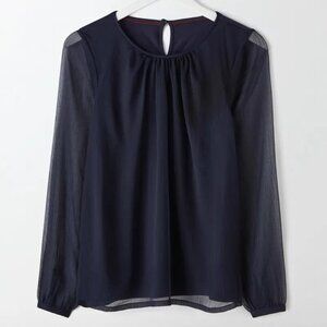 BODEN 16 Navy Blue Eve Top Sheer-Sleeve Chiffon Blouse